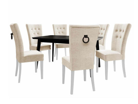 Étkezőgarnitúra Zestaw 09 6xS67 SKANDI 140x80, Szék színe: Fehér + Magic Velvet 2250, Asztal színe: Fekete, Színes dekorációk: Fekete