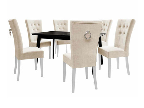 Étkezőgarnitúra Zestaw 09 6xS67 SKANDI 140x80, Szék színe: Fehér + Magic Velvet 2250, Asztal színe: Fekete, Színes dekorációk: Ezüst
