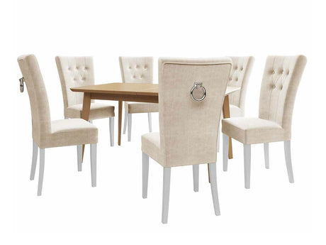 Étkezőgarnitúra Zestaw 09 6xS67 SKANDI 140x80, Szék színe: Fehér + Magic Velvet 2250, Asztal színe: Barna, Színes dekorációk: Ezüst