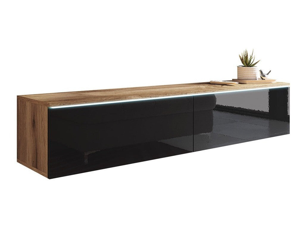TV-állvány Lowboard D140 (Dlone 140), Led világítás: Nem, Szín: Wotan tölgy + Fényes fekete