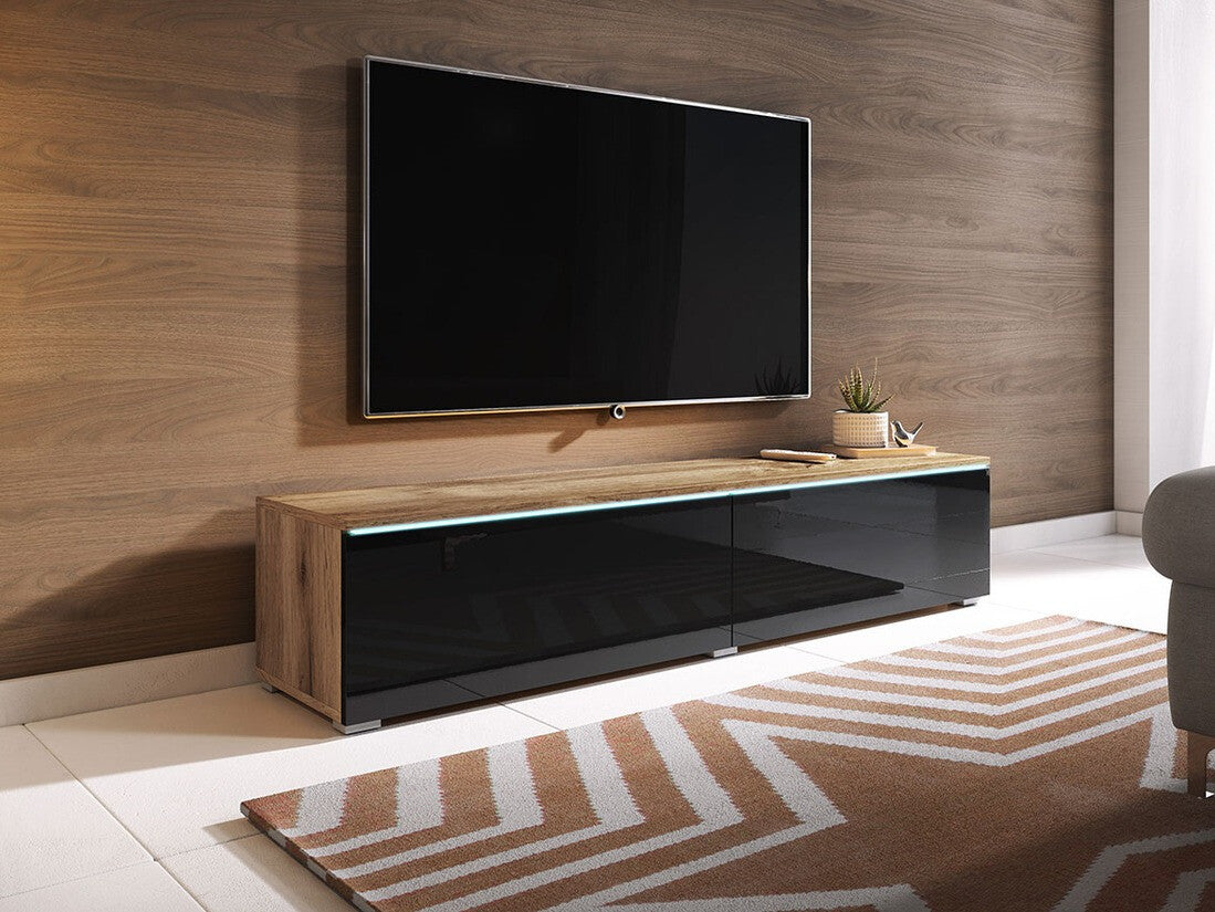 TV-állvány Lowboard D140 (Dlone 140), Led világítás: Nem, Szín: Wotan tölgy + Fényes fekete