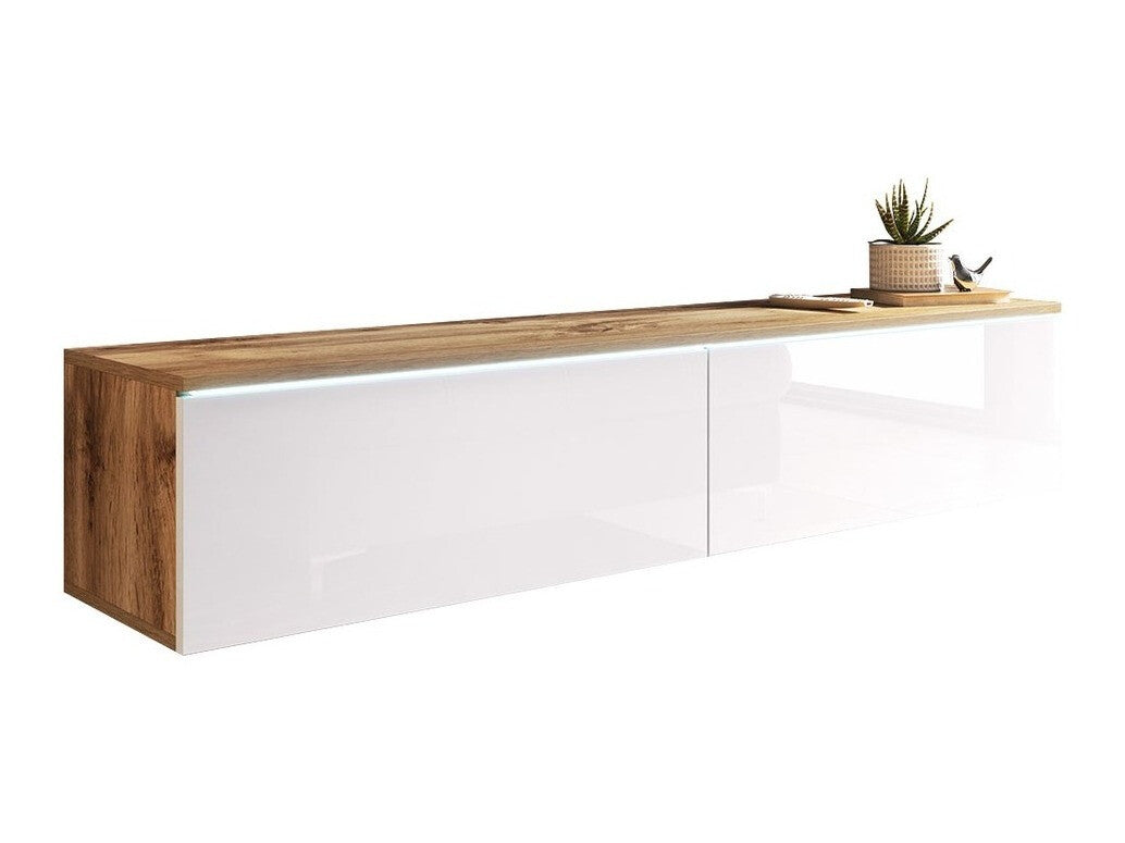 TV-állvány Lowboard D140 (Dlone 140), Led világítás: Igen, Szín: Wotan tölgy + Fényes fehér