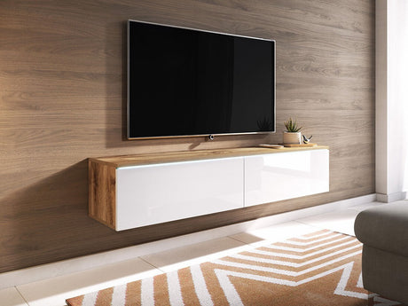 TV-állvány Lowboard D140 (Dlone 140), Led világítás: Igen, Szín: Wotan tölgy + Fényes fehér