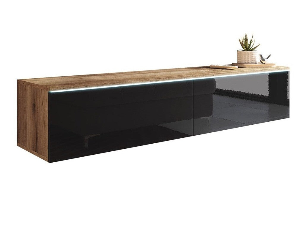 TV-állvány Lowboard D140 (Dlone 140), Led világítás: Igen, Szín: Wotan tölgy + Fényes fekete