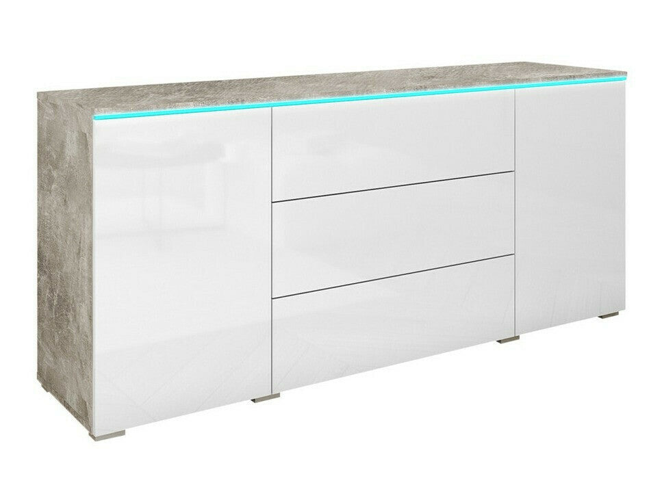 Komód VERA 150, Szín: Beton + Fényes fehér, Led világítás: Igen RGB