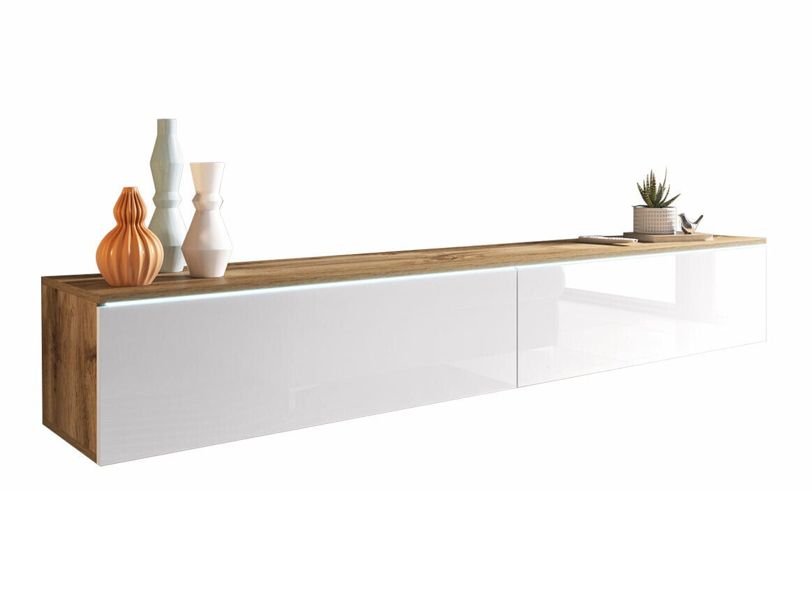TV-állvány Lowboard D180 (Dlone 180), Led világítás: Nem, Szín: Wotan tölgy + Fényes fehér