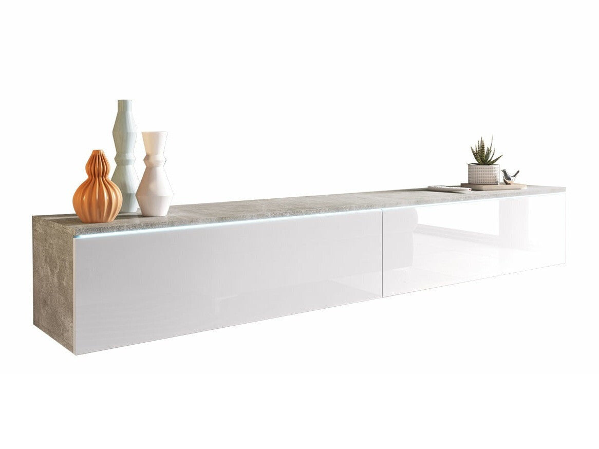 TV-állvány Lowboard D180 (Dlone 180), Led világítás: Igen, Szín: Beton + Fényes fehér