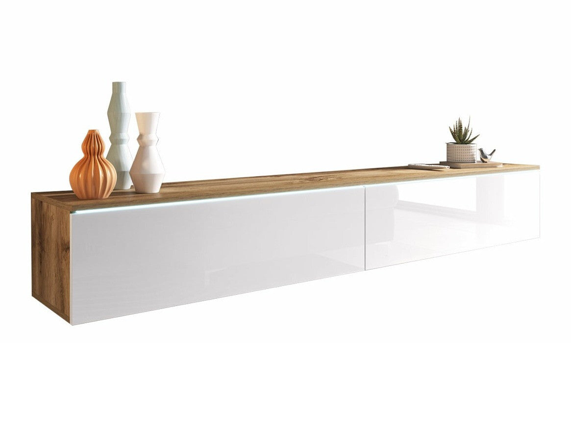 TV-állvány Lowboard D180 (Dlone 180), Led világítás: Igen, Szín: Wotan tölgy + Fényes fehér