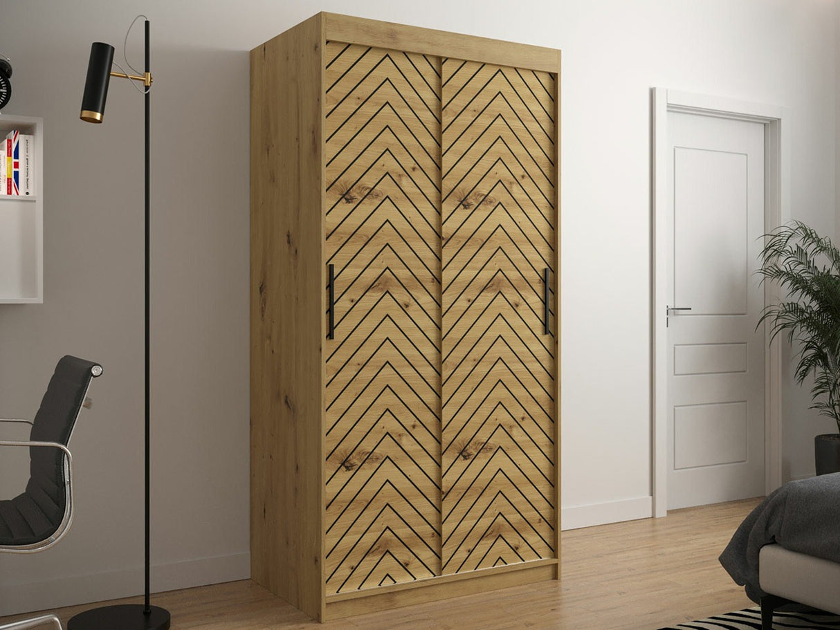 Gardróbszekrény 100 Jodełka 1 (Ratintu), Szín: Artisan tölgy + Fekete, Fiókok: Igen