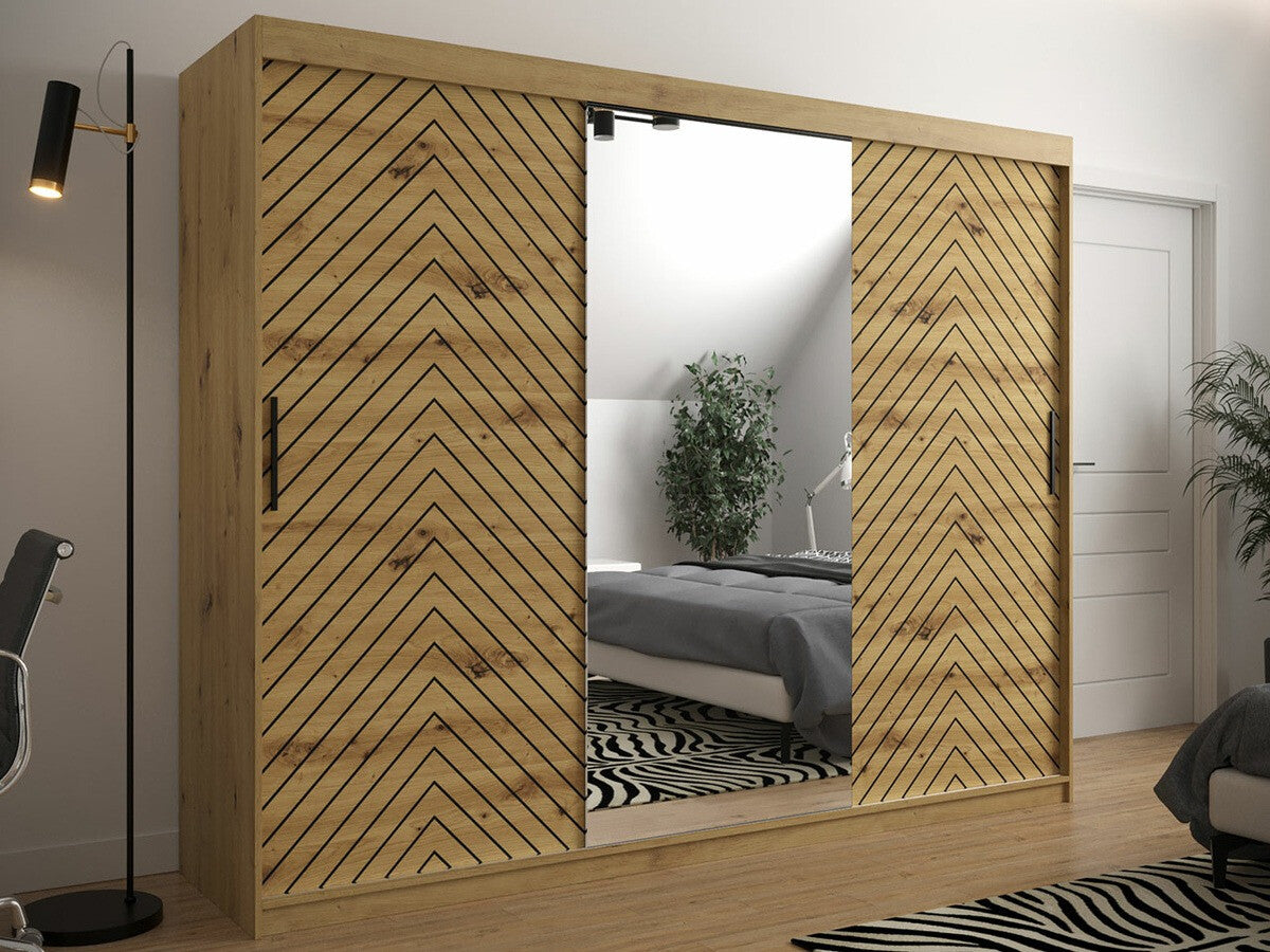 Gardróbszekrény 250 Jodełka 2 (Ratintu), Szín: Artisan tölgy + Fekete, Fiókok: Igen