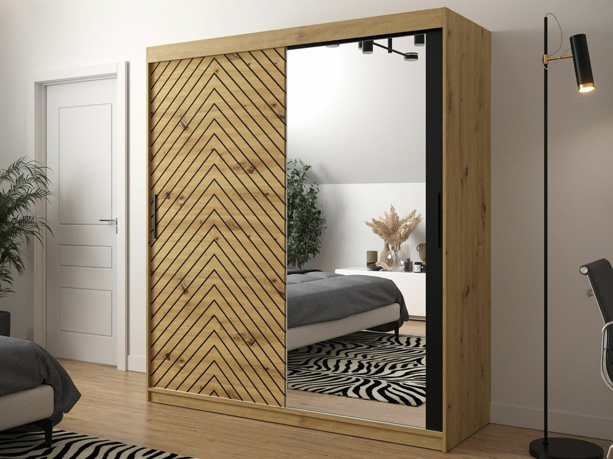 Gardróbszekrény 180 Jodełka 2 (Ratintu), Szín: Artisan tölgy + Fekete, Fiókok: Igen