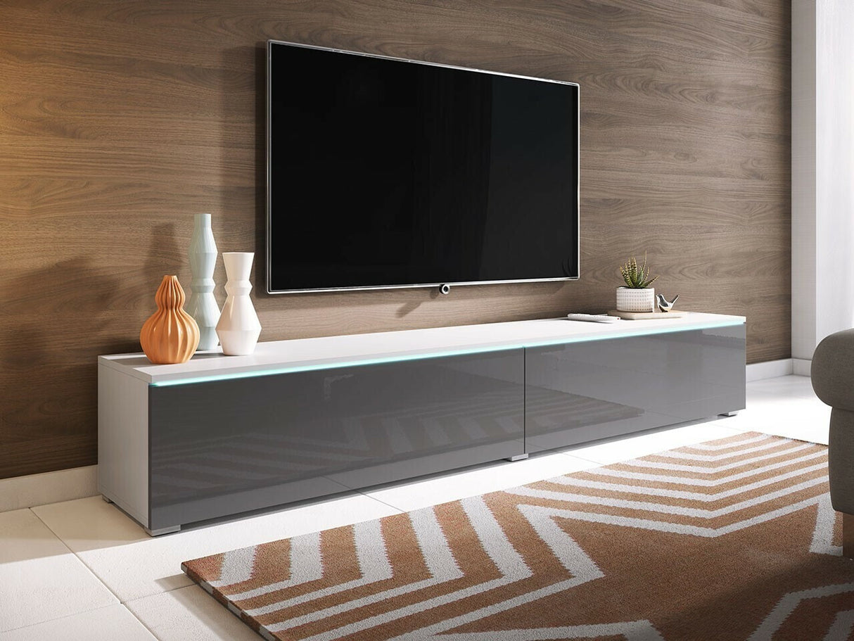 TV-állvány Lowboard D180 (Dlone 180), Led világítás: Nem, Szín: Fehér + Fényes szürke