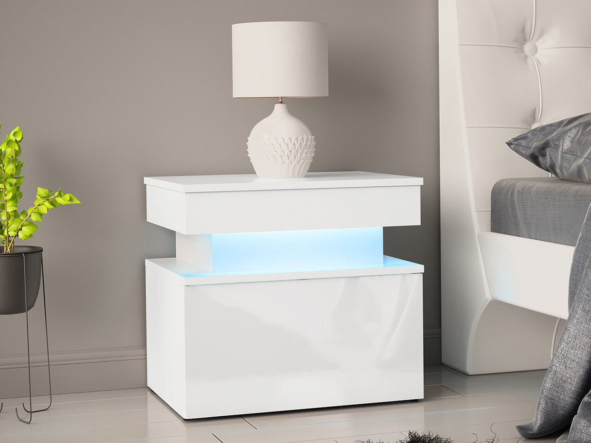 Éjjeliszekrény Stolik nemcny 1S GLOSSA +LED, Szín: Fehér + Fényes fehér