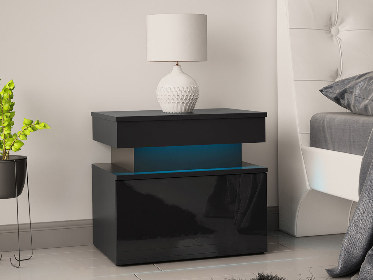 Éjjeliszekrény Stolik nemcny 1S GLOSSA +LED, Szín: Fekete + Fényes fekete