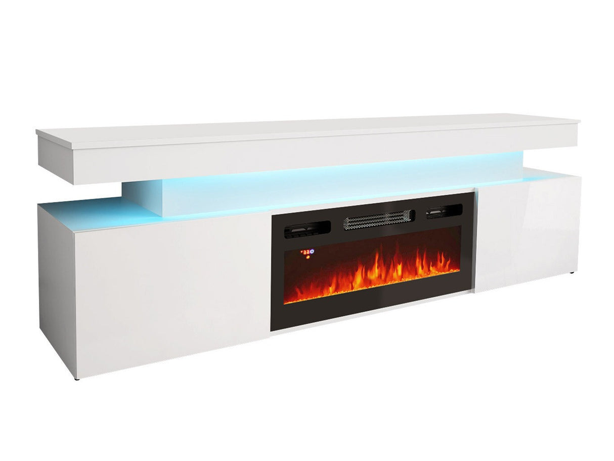 TV-állvány Szafka RTV EF 2D GLOSSA + LED + kominek (Lestirola) , Szín: Fehér + Fényes fehér