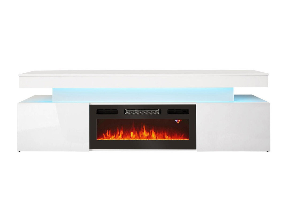 TV-állvány Szafka RTV EF 2D GLOSSA + LED + kominek (Lestirola) , Szín: Fehér + Fényes fehér