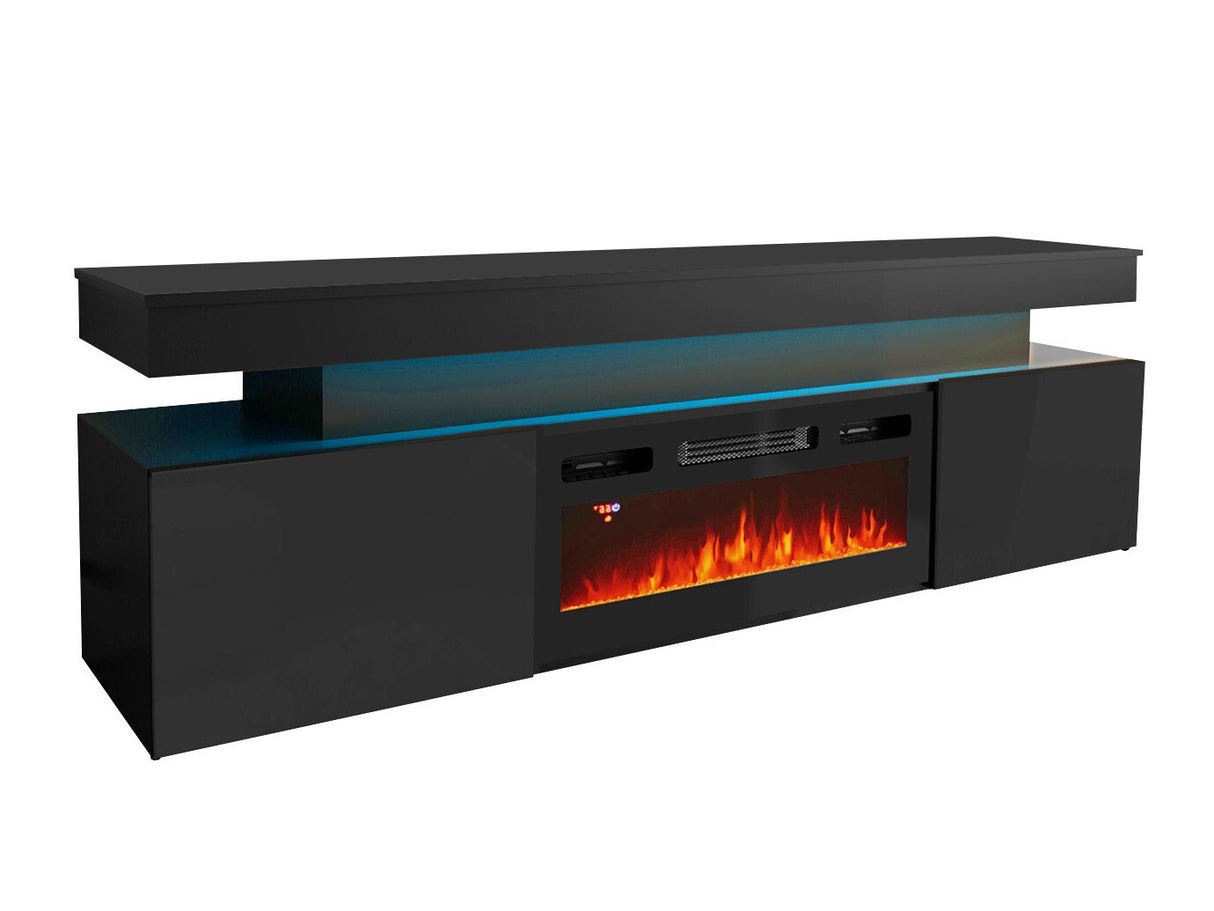 TV-állvány Szafka RTV EF 2D GLOSSA + LED + kominek (Lestirola) , Szín: Fekete + Fényes fekete