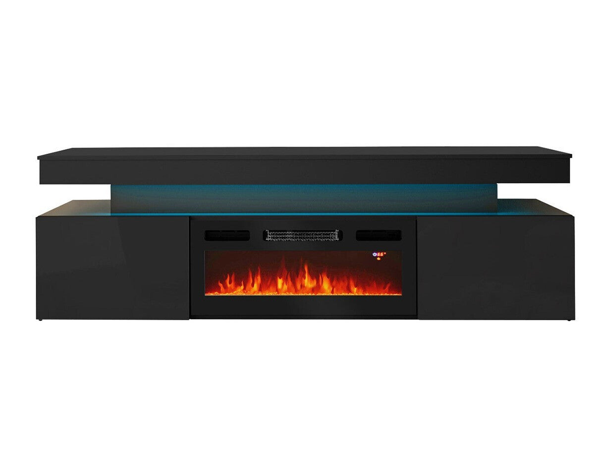 TV-állvány Szafka RTV EF 2D GLOSSA + LED + kominek (Lestirola) , Szín: Fekete + Fényes fekete