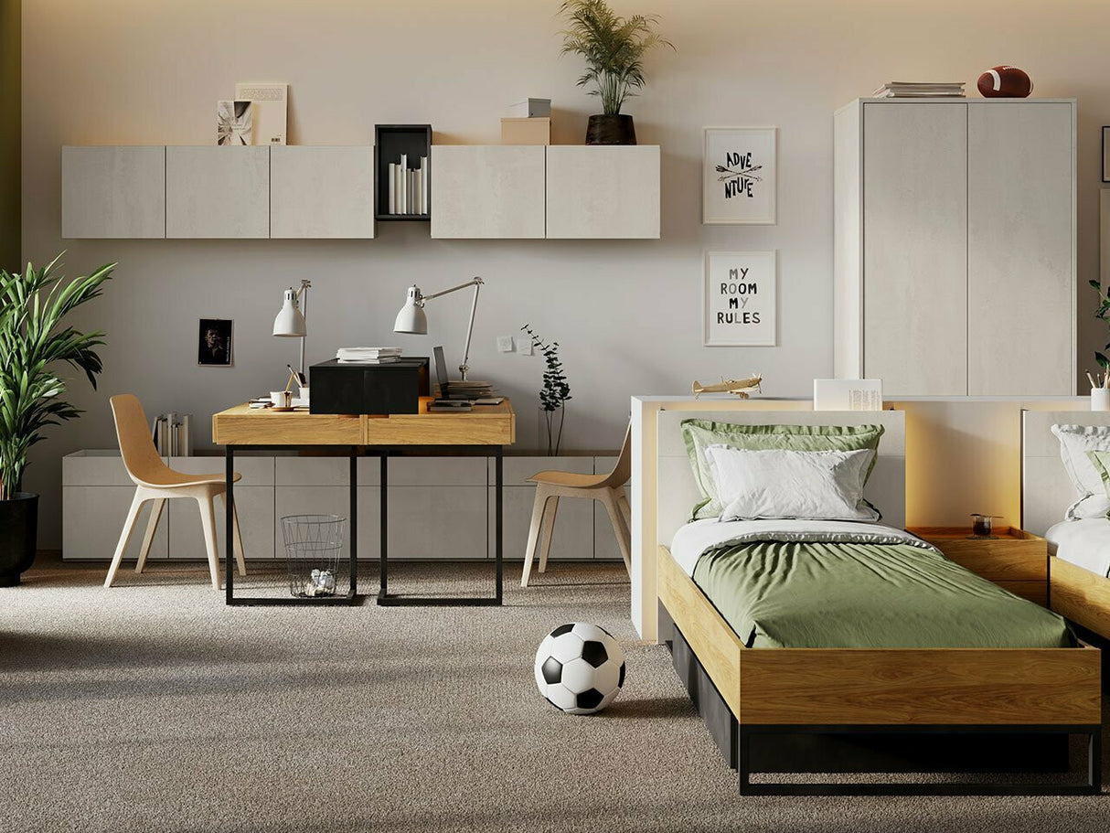 Ágy TEEN FLEX TF-16 TF16SFH - łóżko ze stelażem - hikora naturalna/silk flou/raw acél, Alvó felület mérete: 90 x 200 cm
