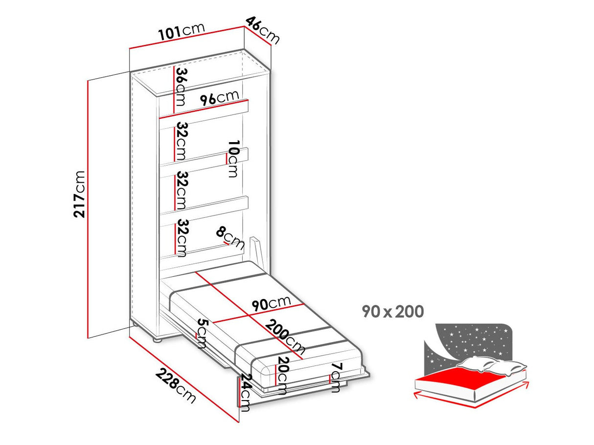 Szekrényágy Półkotapczan pionemwy CONCEPT JUNIOR CJ-02, Alvó felület mérete: 90 x 200 cm, Led világítás: Igen