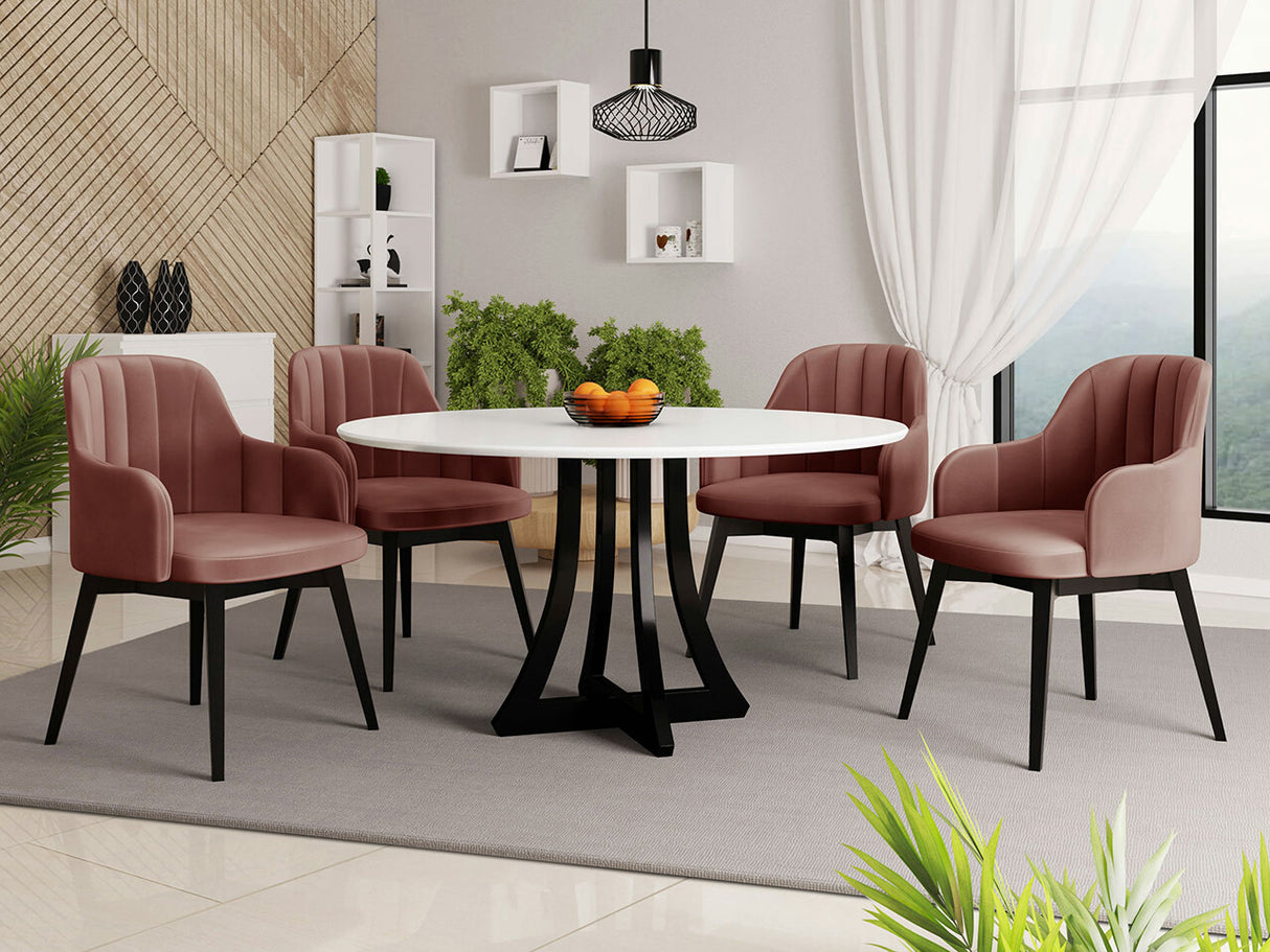 Étkezőgarnitúra Zestaw 05 4xS105 ORION FI, Asztal színe: Fényes fehér + Fényes fekete, Szék színe: Fekete + Magic Velvet 2258