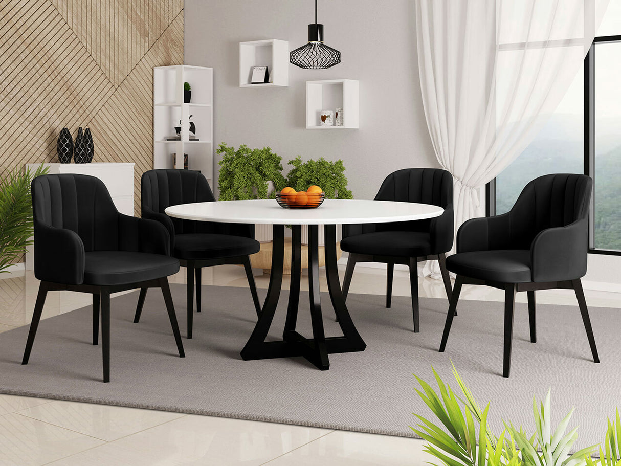 Étkezőgarnitúra Zestaw 05 4xS105 ORION FI 120, Asztal színe: Fényes fehér + Fényes fekete, Szék színe: Fekete + Magic Velvet 2219