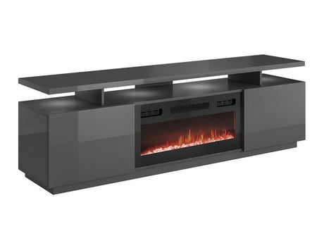 TV-állvány EVA II (Aniceto), Szín: Grafit + Fényes grafit, Led világítás: Igen fehér, A kandalló színe: Fekete