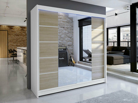 Gardróbszekrény Talin V (Bárasztalr V), Szín: Fehér + Sonoma tölgy, Led világítás: Igen