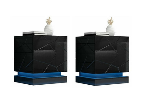 Éjjeliszekrény szett QIU 2 szt. (Agnes) , Szín: Fekete + Fényes fekete, Világítás: Igen RGB