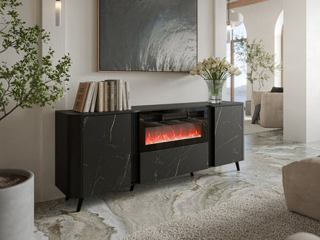 Szekrény Komoda VOLARE 200 EF + kominek Czarny mat/Czarmny San Sebastian Kominek: Czarny (Fekete + Fekete márvány)