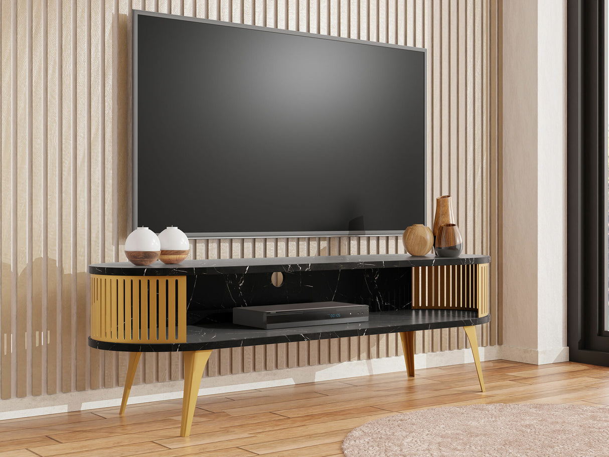 TV-állvány Szafka RTV owalna ROENNI GOLD, Szín: Aranysárga + Fekete márvány