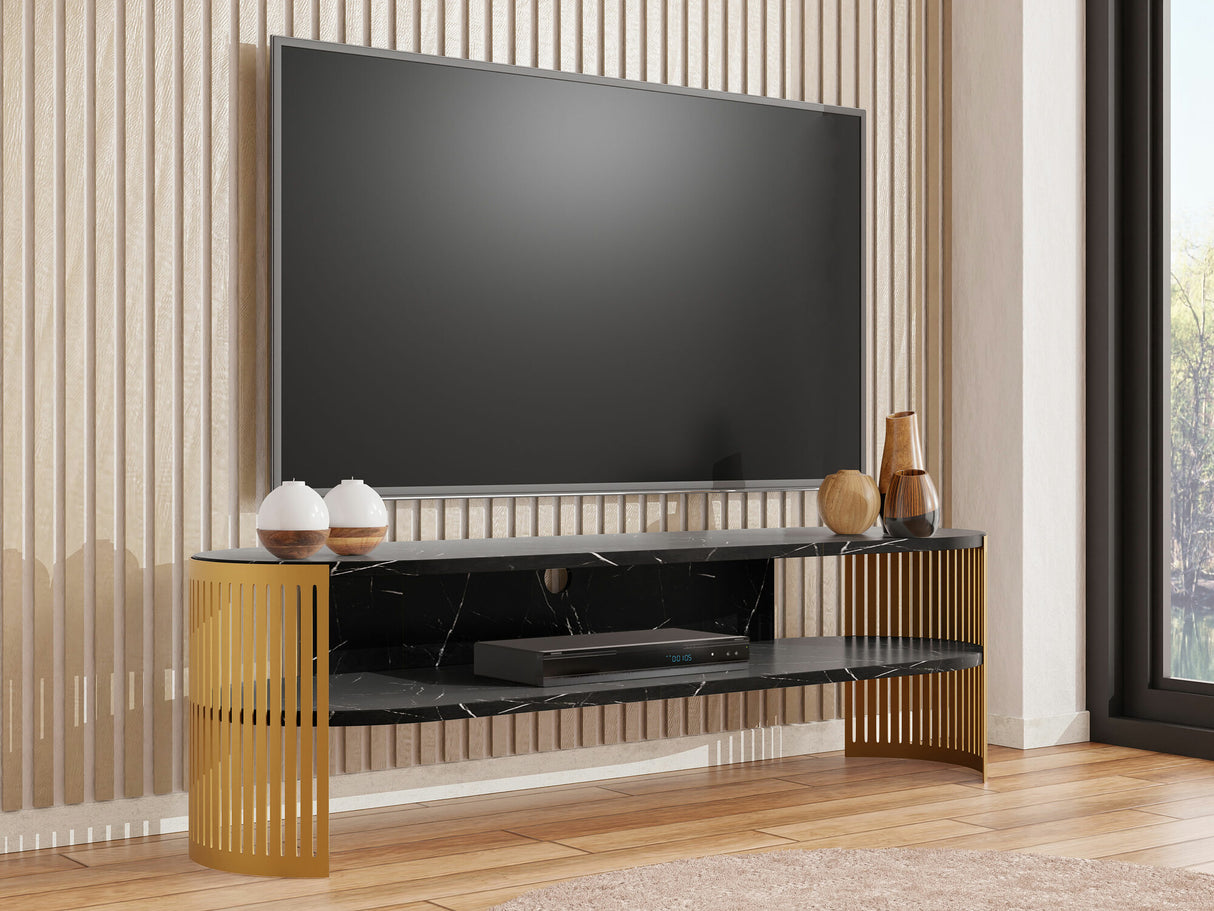 TV-állvány Szafka RTV owalna FIKOLI GOLD, Szín: Aranysárga + Fekete márvány