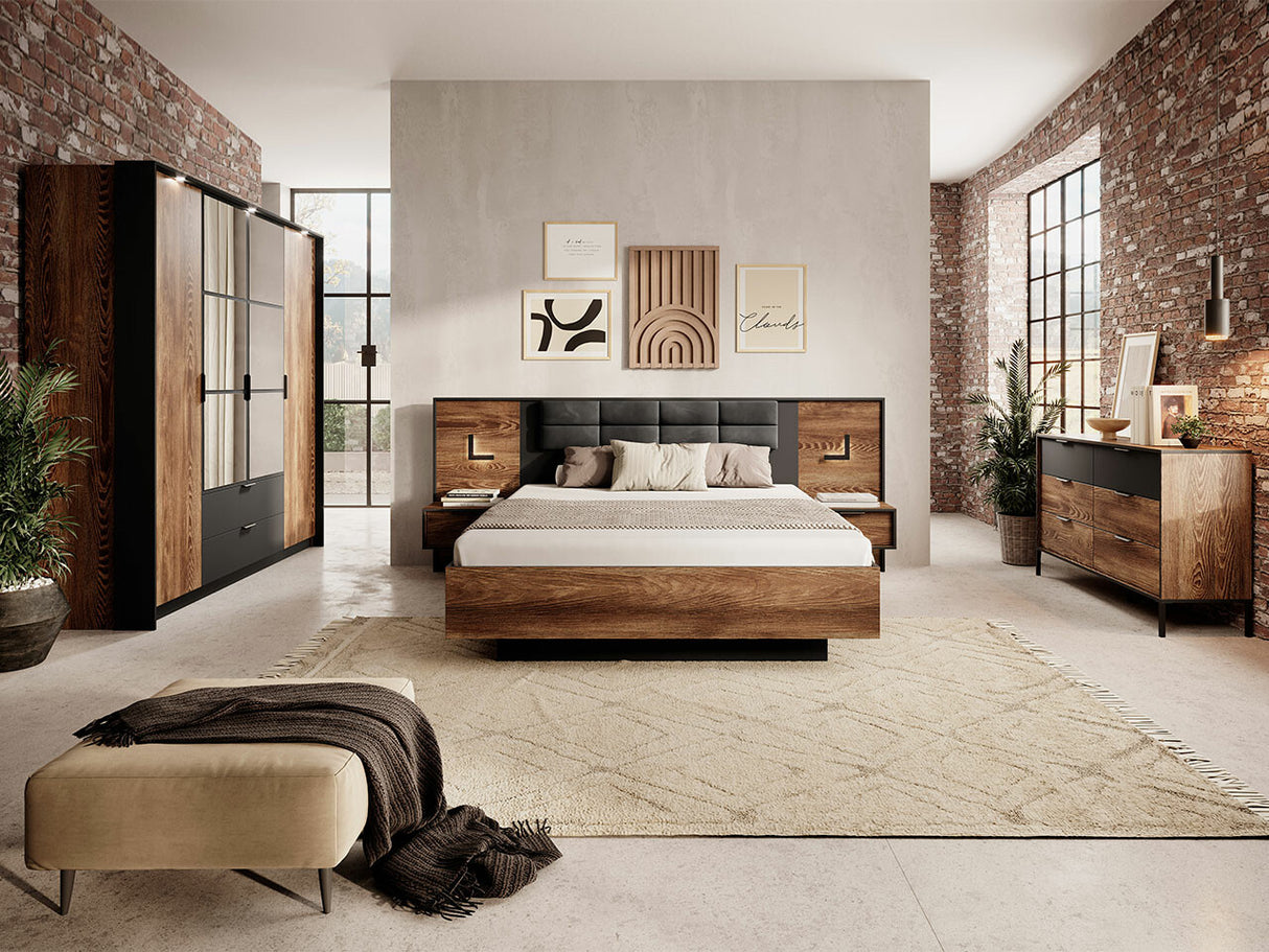 Hálószoba garnitúra Sypialnia MILTON I Kasztan/Antracyt/Vena 20, Ágyrács: Nem, Led világítás: Igen