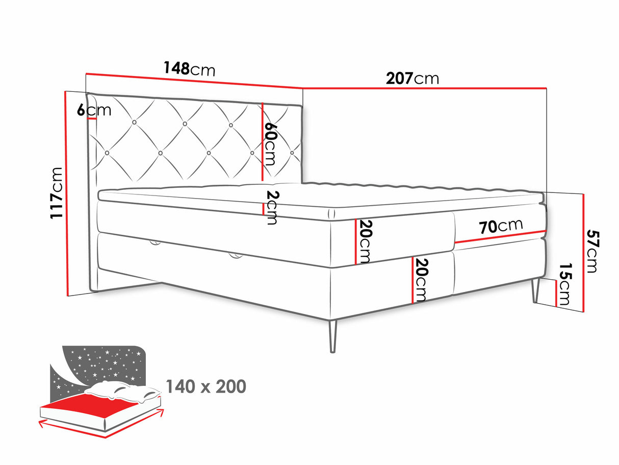 Kontinentális ágy Łoże kontynentalne LETRA, Szín: Verita 85, Alvó felület mérete: 140 x 200 cm, Lábak színe: Fekete