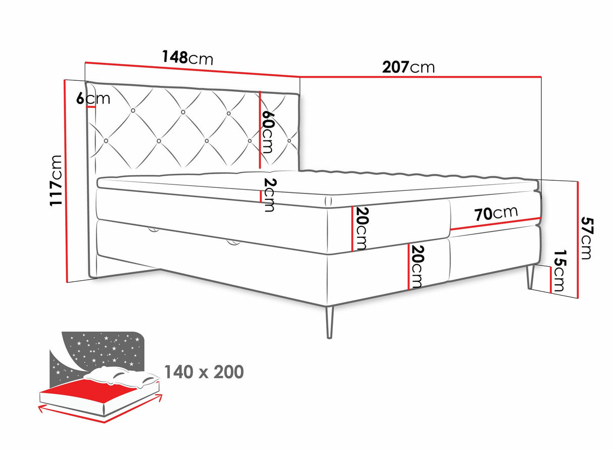 Kontinentális ágy Łoże kontynentalne LETRA, Szín: Verita 16, Alvó felület mérete: 140 x 200 cm, Lábak színe: Ezüst