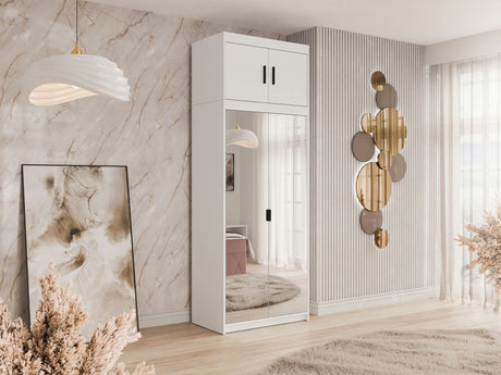 Gardróbszekrény Szafa ELENA 2D z lustrem + nadstawka, Szín: Fehér
