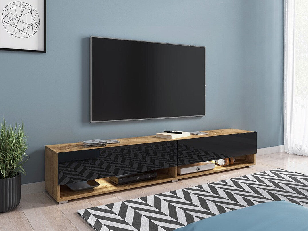 TV-állvány Lowboard A180 (Adenik 180), Led világítás: Igen, Szín: Wotan tölgy + Fényes fekete