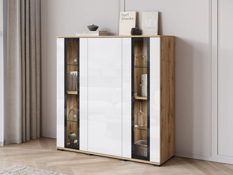 Szekrény CARO HB 120, Szín: Wotan tölgy + Fényes fehér, Led világítás: Igen