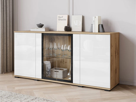 Szekrény CARO SB 154, Szín: Wotan tölgy + Fényes fehér, Led világítás: Igen