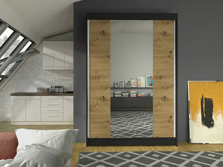 Gardróbszekrény Linem II (Parys II), Szín: Fekete + Artisan tölgy, Led világítás: Nem