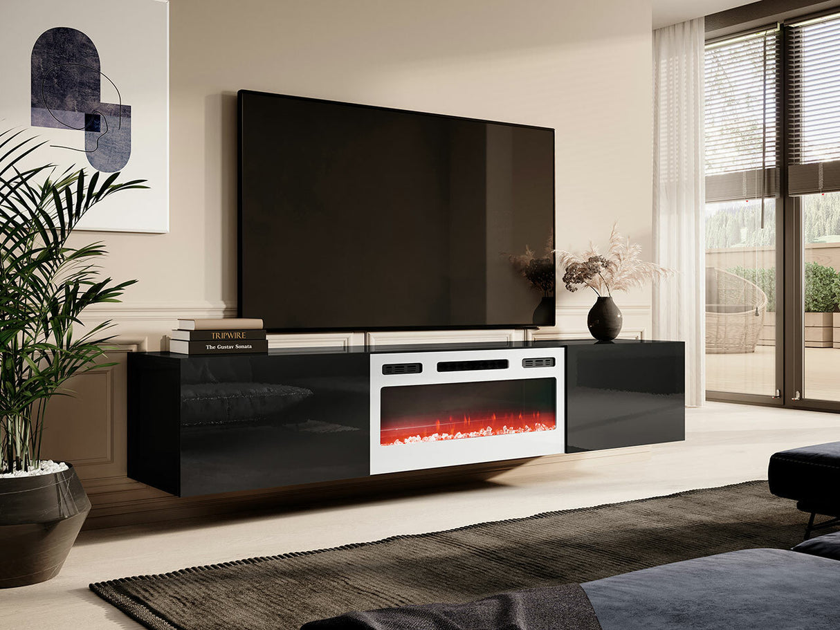 TV-állvány RTv SLIDE 200 K (Koda with a kandalló), Szín: Fekete + Fényes fekete, A kandalló színe: Fehér