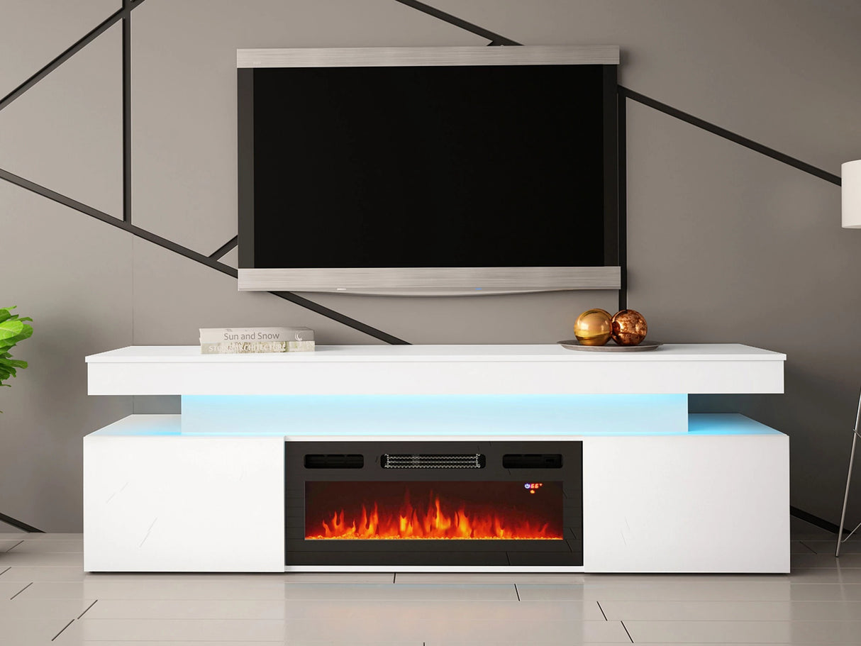 TV-állvány Szafka RTV EF 2D GLOSSA + LED + kominek (Lestirola) , Szín: Fehér + Fényes fehér 4198215