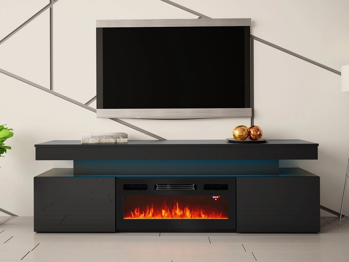 TV-állvány Szafka RTV EF 2D GLOSSA + LED + kominek (Lestirola) , Szín: Fekete + Fényes fekete 4198216
