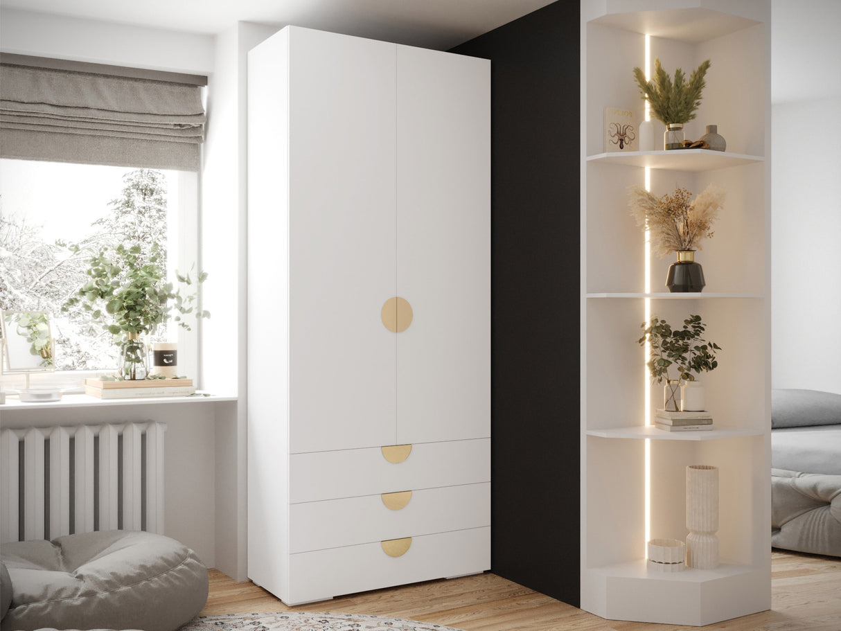 Gardróbszekrény Szafa 100 cm INOVA 4, Szín: Fehér, Fogantyú színe: Aranysárga