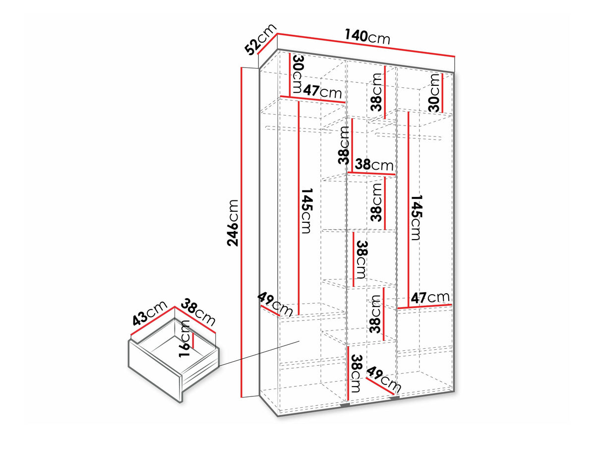 Gardróbszekrény Szafa COMO 3 120/130/140/150/160 (gł.40/50), Szín: Kasmír, Fogantyú színe: Aranysárga, Szélesség: 140 cm, Mélység: 52 cm, Fiókok: Igen