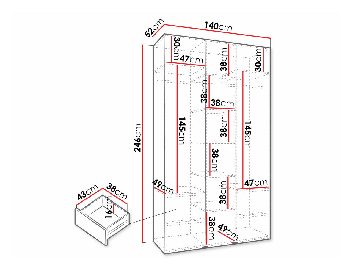Gardróbszekrény Szafa COMO 4 120/130/140/150/160 (gł.40/50), Szín: Kasmír, Fogantyú színe: Fekete, Fiókok: Igen, Szélesség: 140 cm, Mélység: 52 cm