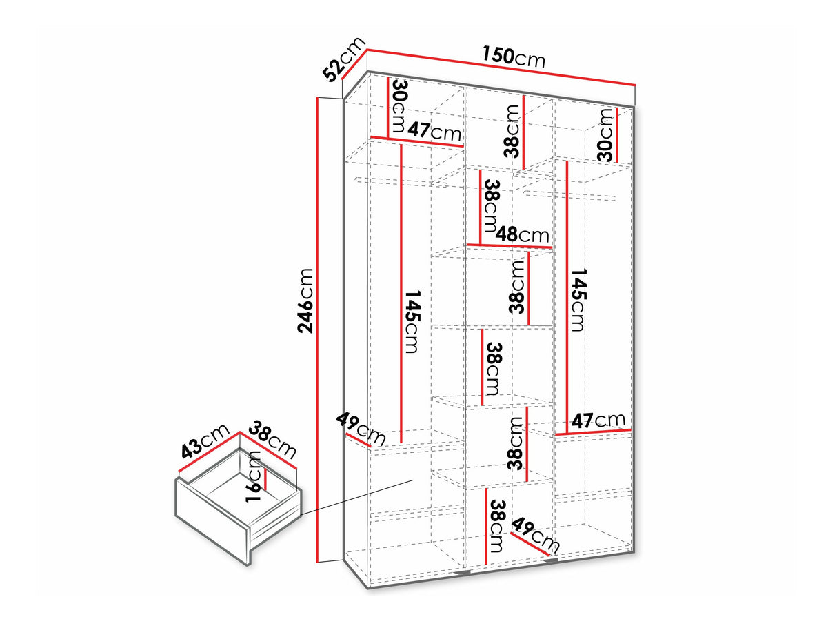 Gardróbszekrény Szafa COMO 4 120/130/140/150/160 (gł.40/50), Szín: Kasmír, Fogantyú színe: Fekete, Fiókok: Igen, Szélesség: 150 cm, Mélység: 52 cm