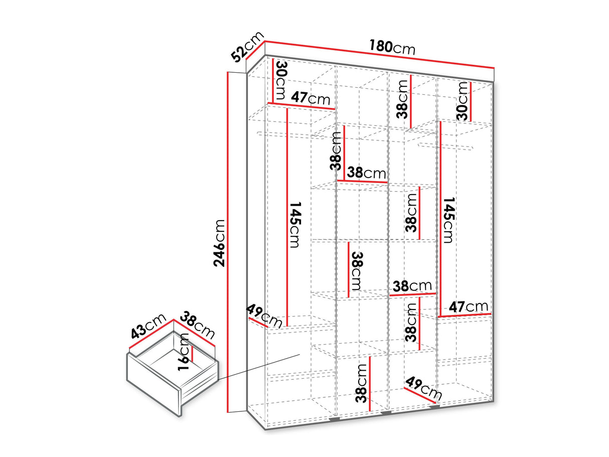 Gardróbszekrény Szafa COMO 4 170/180/190/200 (gł.40/50), Szín: Kasmír, Fogantyú színe: Aranysárga, Fiókok: Igen, Szélesség: 180 cm, Mélység: 52 cm