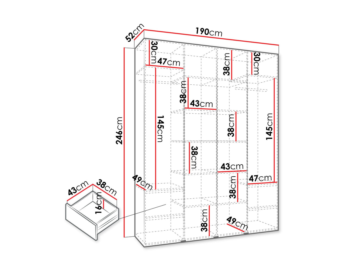 Gardróbszekrény Szafa COMO 1 170/180/190/200 (gł.42.52), Szín: Fehér, Fogantyú színe: Aranysárga, Fiókok: Igen, Szélesség: 190 cm, Mélység: 52 cm