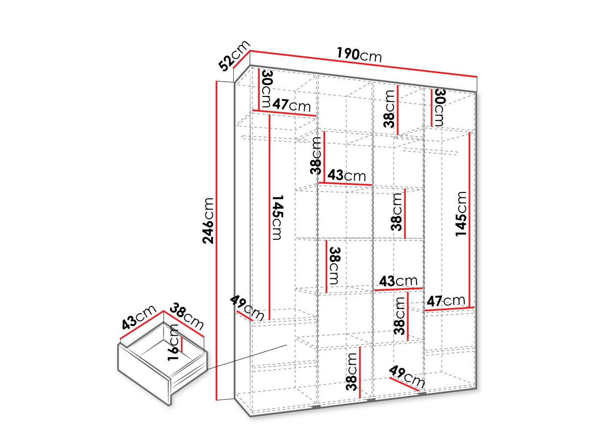 Gardróbszekrény Szafa COMO 1 170/180/190/200 (gł.42.52), Szín: Kasmír, Fogantyú színe: Fekete, Fiókok: Igen, Szélesség: 190 cm, Mélység: 52 cm